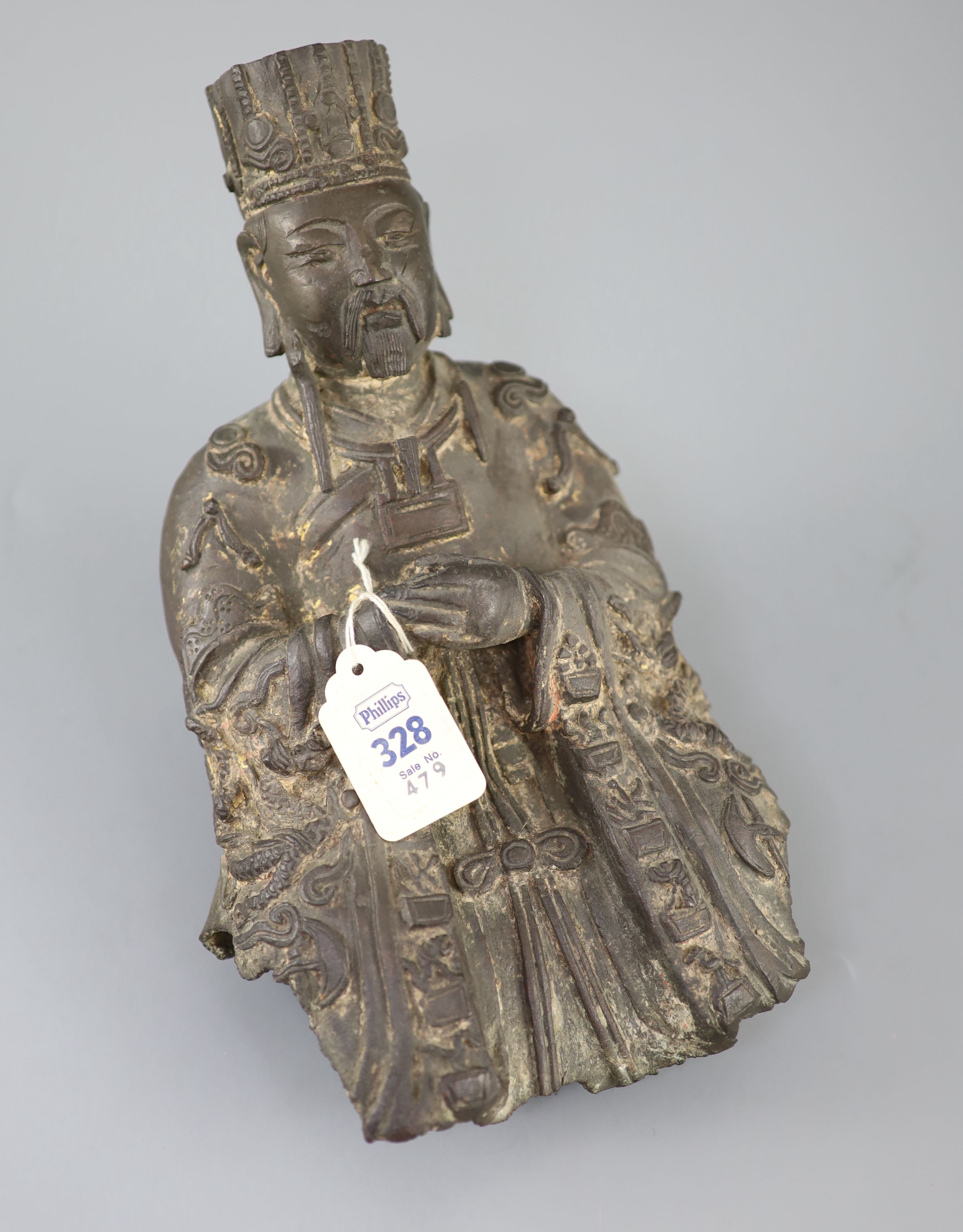 A Chinese Daoist bronze seated figure of Wenchang Wang, late Ming dynasty, 27.5cm high, losses, Provenance - A. T. Arber-Cooke